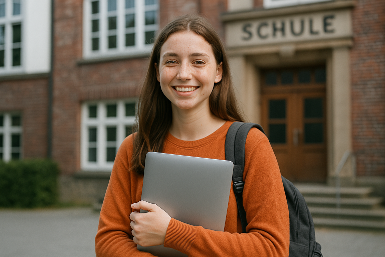 Lächelnde Schülerin mit Laptop vor einer Schule, trägt einen Rucksack.