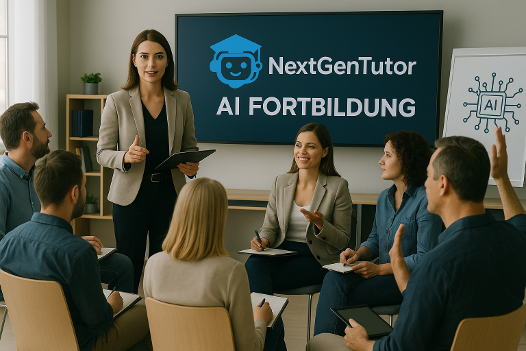Eine Lehrerin erklärt digitale Bildung zu KI vor einer Gruppe von Zuhörern.