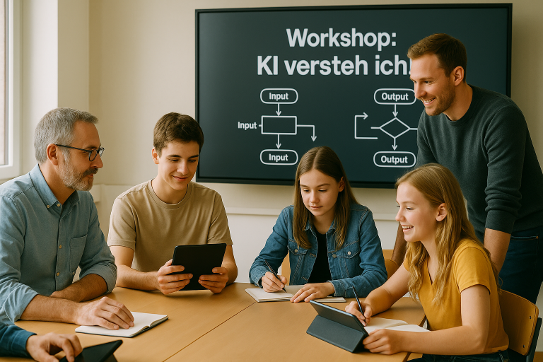 Ein Lehrer erklärt ein Konzept in einem Workshop vor einer Schülergruppe.