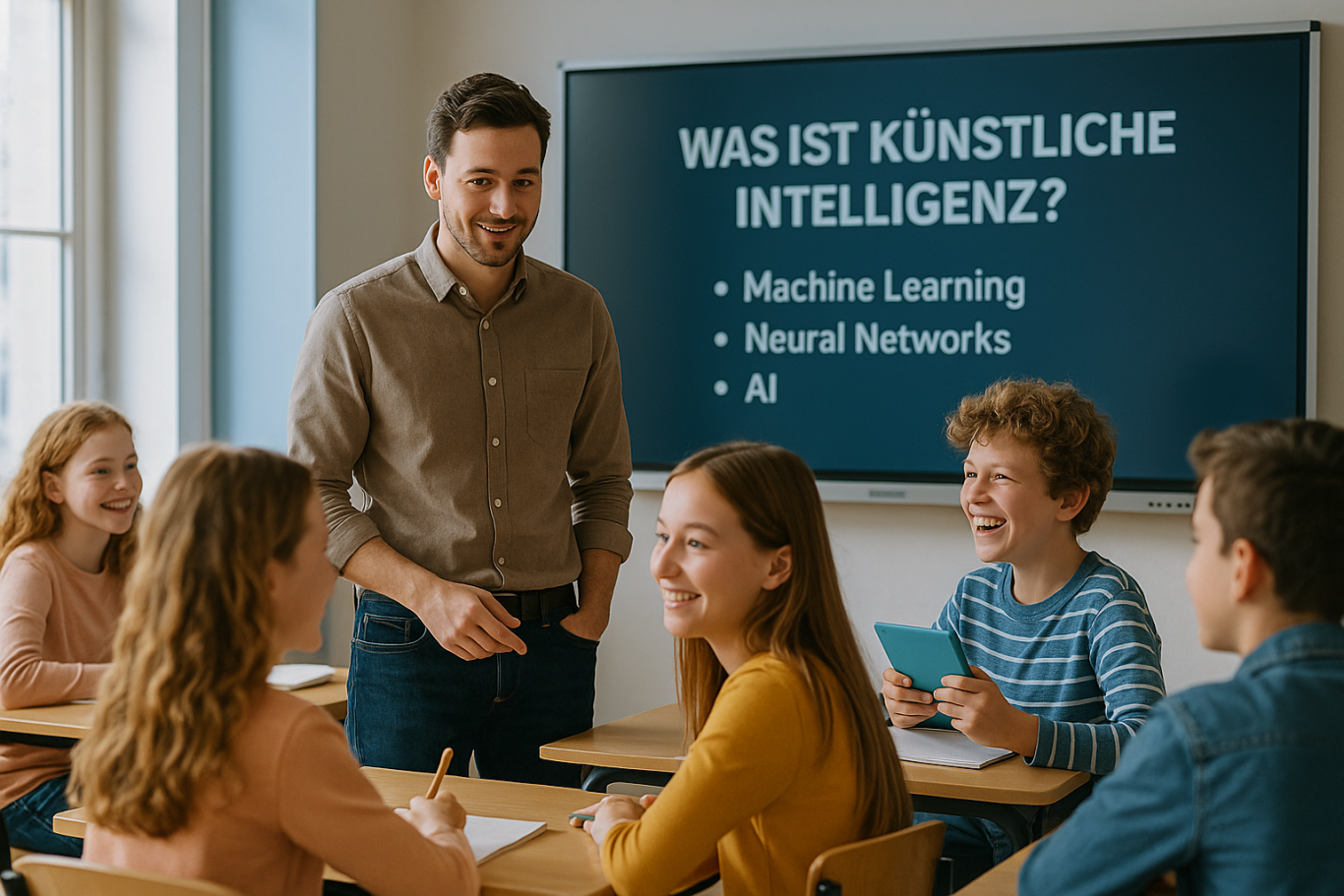 Lehrer präsentiert das Thema Künstliche Intelligenz in einem Klassenzimmer. Schüler sind aktiv.