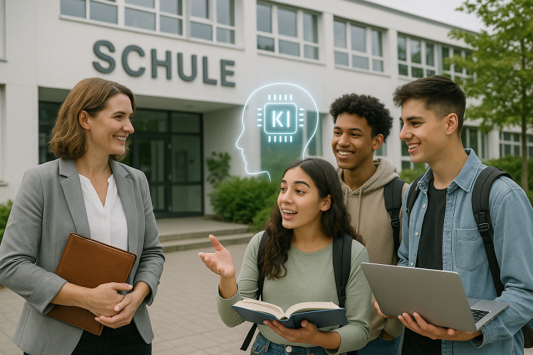 Eine Gruppe von Schülern spricht vor einer Schule mit Lehrerin und digitalem Overlay.