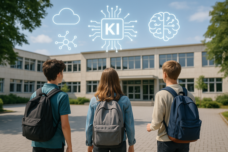 Drei Schüler stehen vor einer Schule, umgeben von Illustrationen für KI und Innovation.