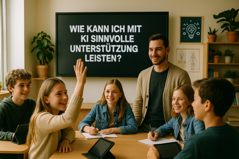 Ein Lehrer diskutiert mit Schülern über den Einsatz von KI in der Gemeinschaft.