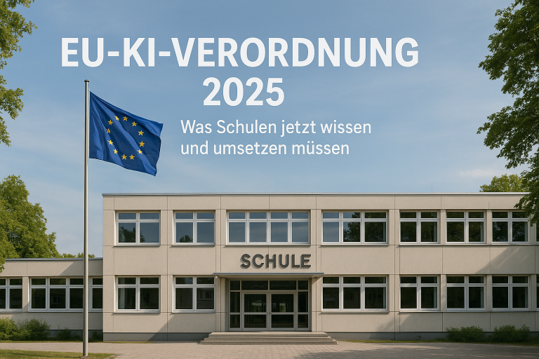 Europäische Flagge vor einer Schulgebäude, Titel: "EU-KI-Verordnung 2025".