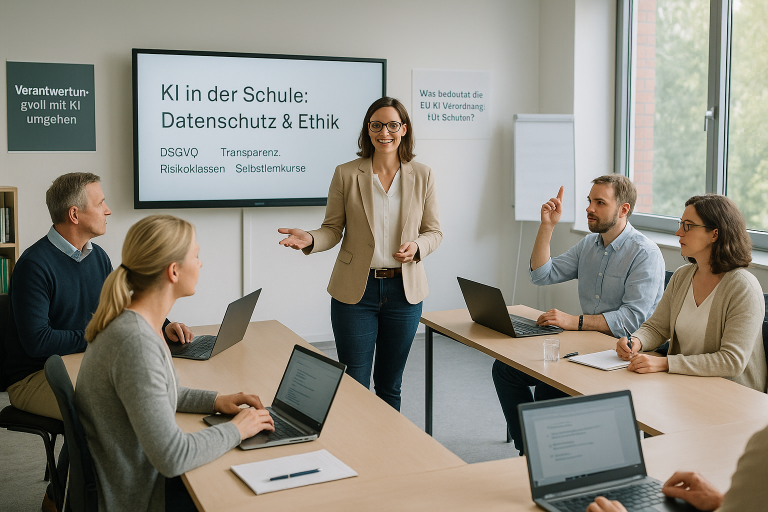 Eine Lehrerin präsentiert das Thema "Datenschutz und Ethik für KI in der Schule" vor einer Gruppe von Personen.