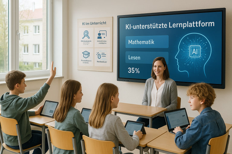 Lehrerin erklärt Inhalte, Schüler heben die Hand und arbeiten an Tablets im Klassenzimmer.