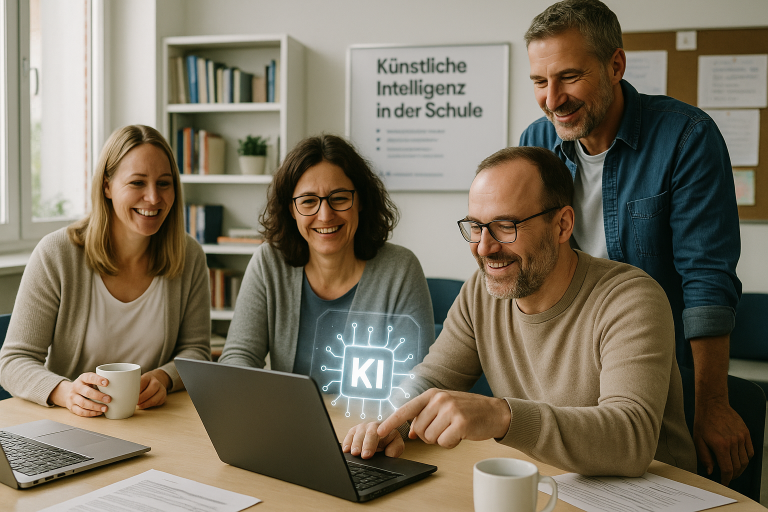 Vier Personen arbeiten an einem Laptop, während sie an einem Tisch mit Kaffeetassen sitzen.