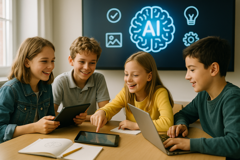 Schüler in einem Klassenzimmer diskutieren über Künstliche Intelligenz.