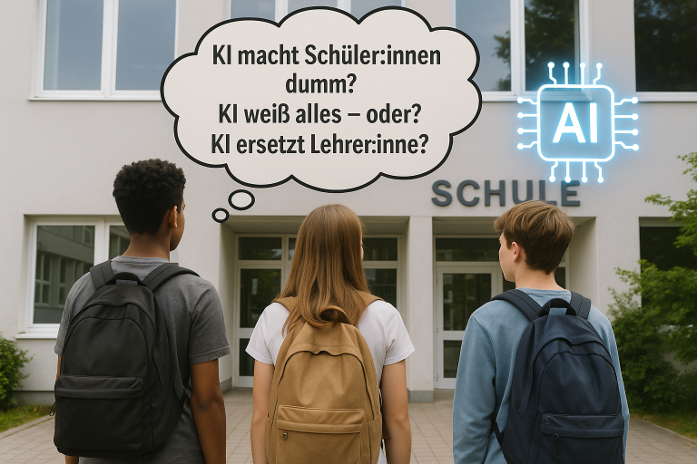 Drei Schüler stehen vor einer Schule und diskutieren über KI und Lehrer.